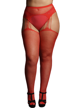 Le Désir: Suspender Rhinestone Pantyhose, red, One Size Plus