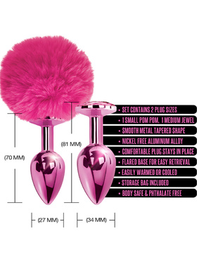 Global Novelties: Nixie Metal Butt Plug Set, Pom Pom & Jewel, pink 