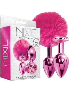 Global Novelties: Nixie Metal Butt Plug Set, Pom Pom & Jewel, pink 