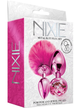 Global Novelties: Nixie Metal Butt Plug Set, Pom Pom & Jewel, pink 