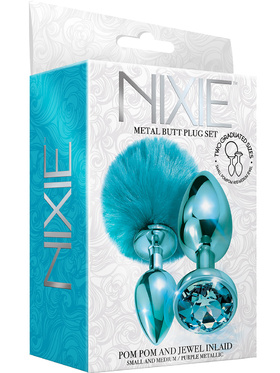 Global Novelties: Nixie Metal Butt Plug Set, Pom Pom & Jewel, blue 