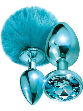 Global Novelties: Nixie Metal Butt Plug Set, Pom Pom & Jewel, blue 
