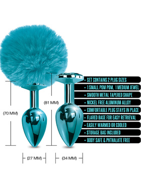Global Novelties: Nixie Metal Butt Plug Set, Pom Pom & Jewel, blue 