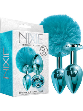 Global Novelties: Nixie Metal Butt Plug Set, Pom Pom & Jewel, blue 